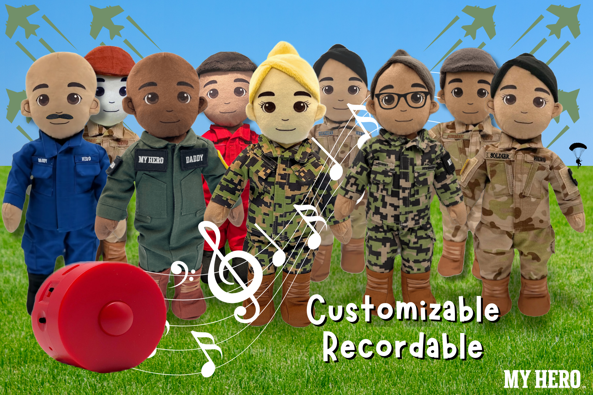 Personalized military plush doll for kids with custom uniform, name patch, and re-recordable voice message module