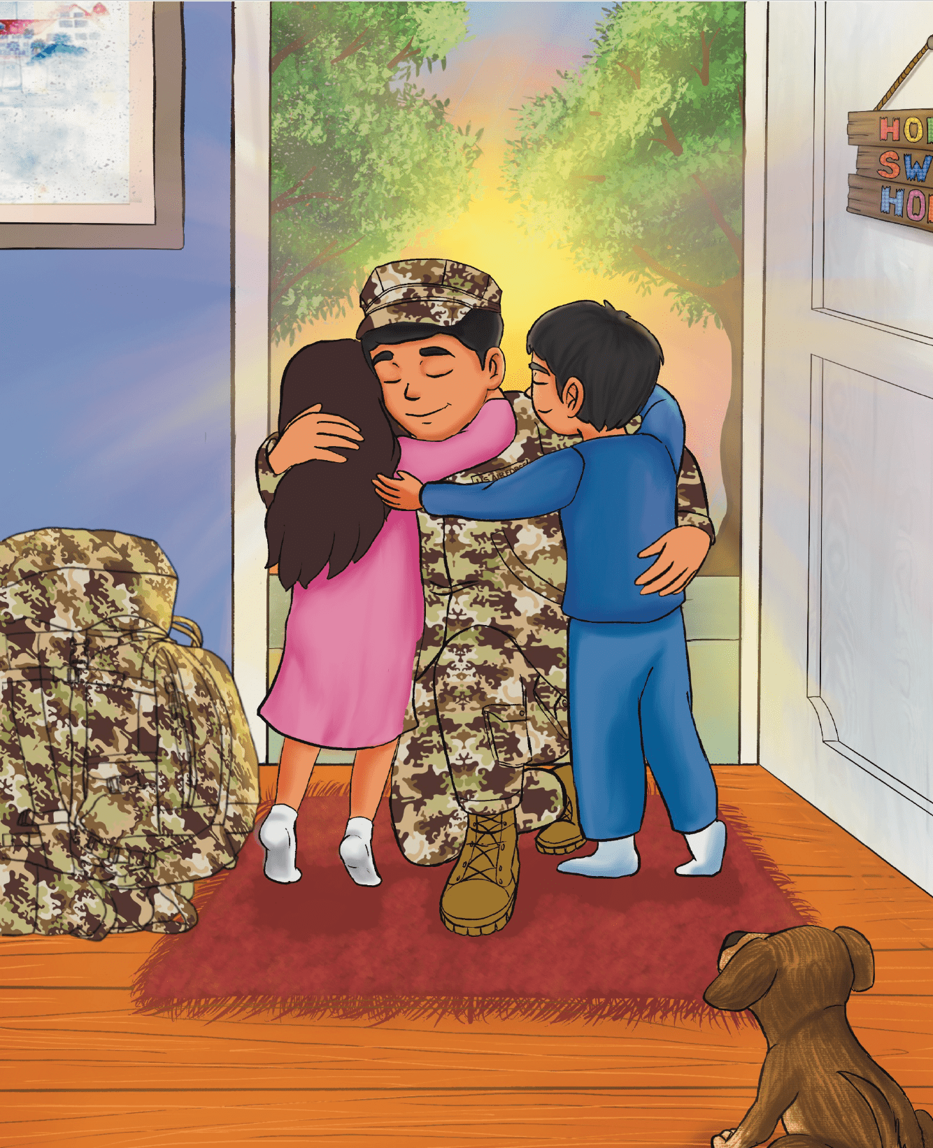 Illustration from Air Force Children's book of Airman Daddy hugging his kids goodbye