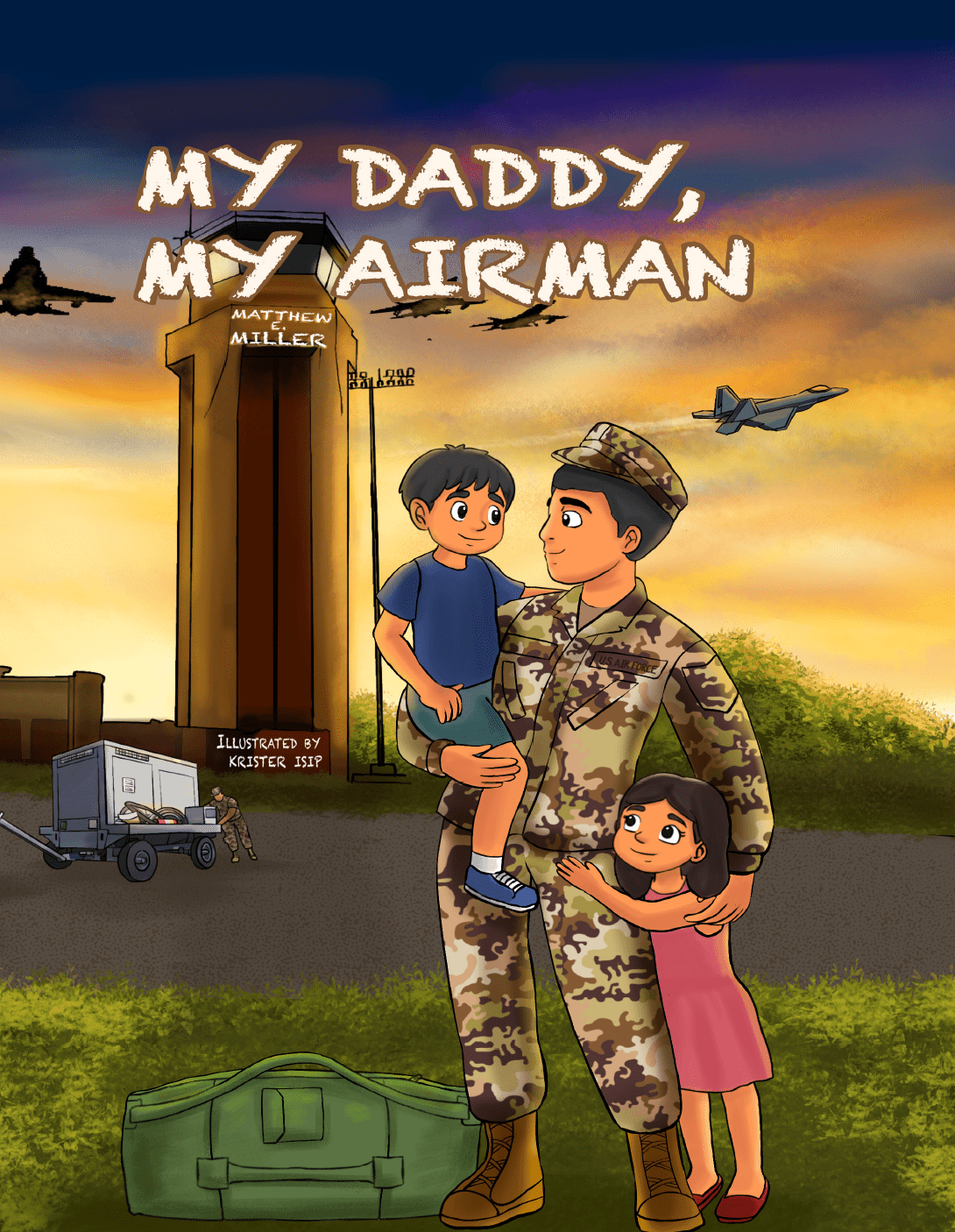 Illustration from Air Force Children's book of Airman Daddy holding his two kids in front of a air traffic control tower