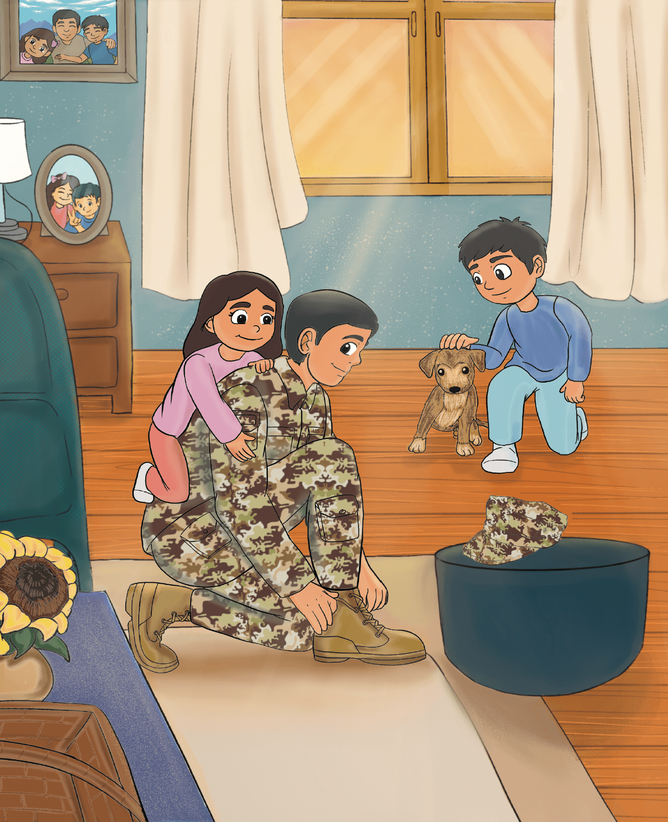 Illustration from Air Force Children's book of Airman Daddy holding tieing his shoe with kids and dog