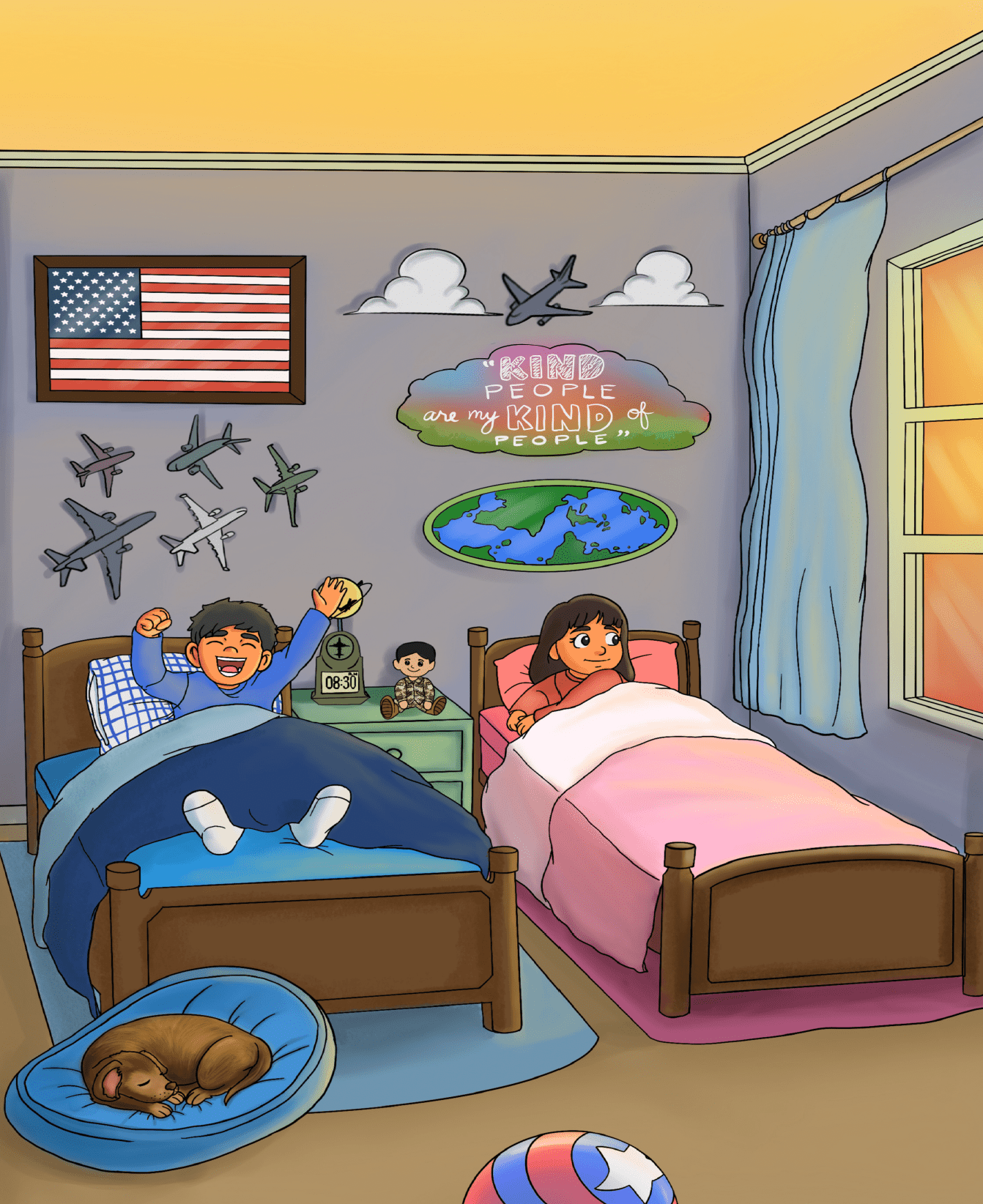 Illustration from Air Force Children's book of children waking up in an airforce themed bedroom