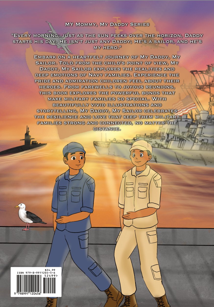 Illustration from a Navy children's book: two sailors walking on pier in navy 2poc with warships