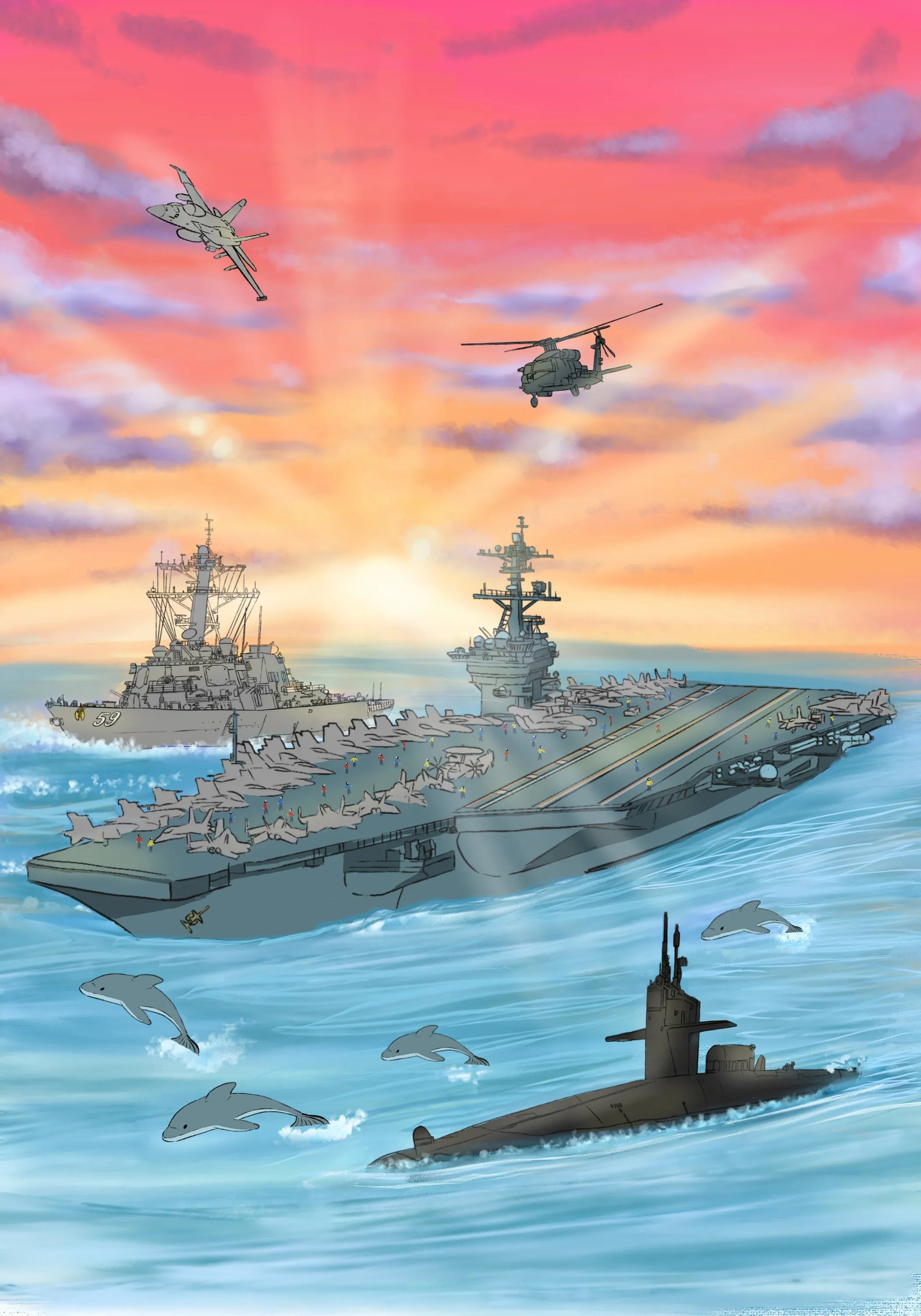 Illustration from a Navy children's book: of aircraft carrier, submarine, dolphins, uh60,  F-18 and Destroyer