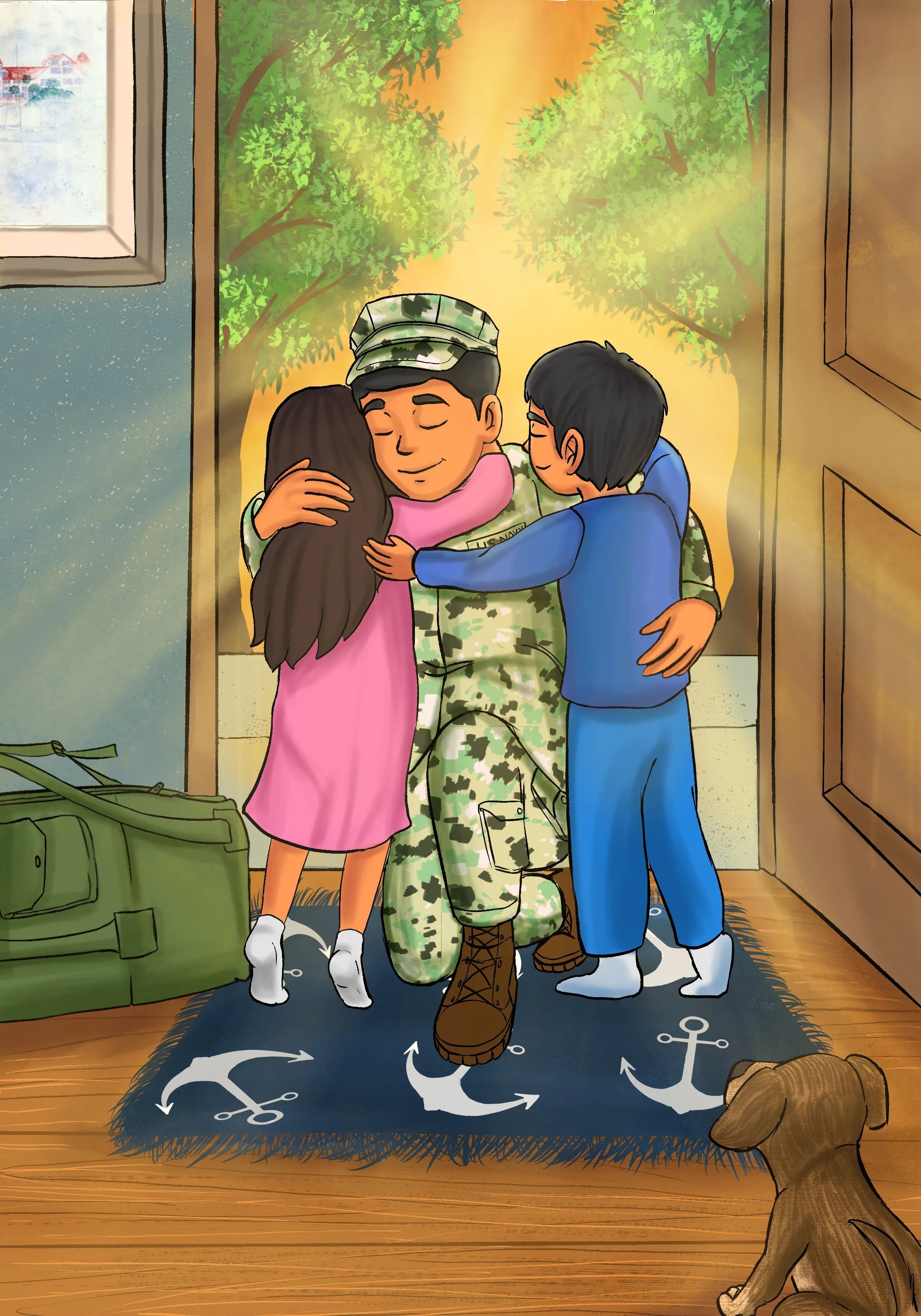 Illustration from a Navy children's book: a daddy sailor embraces his kids before saying goodbye for deployment