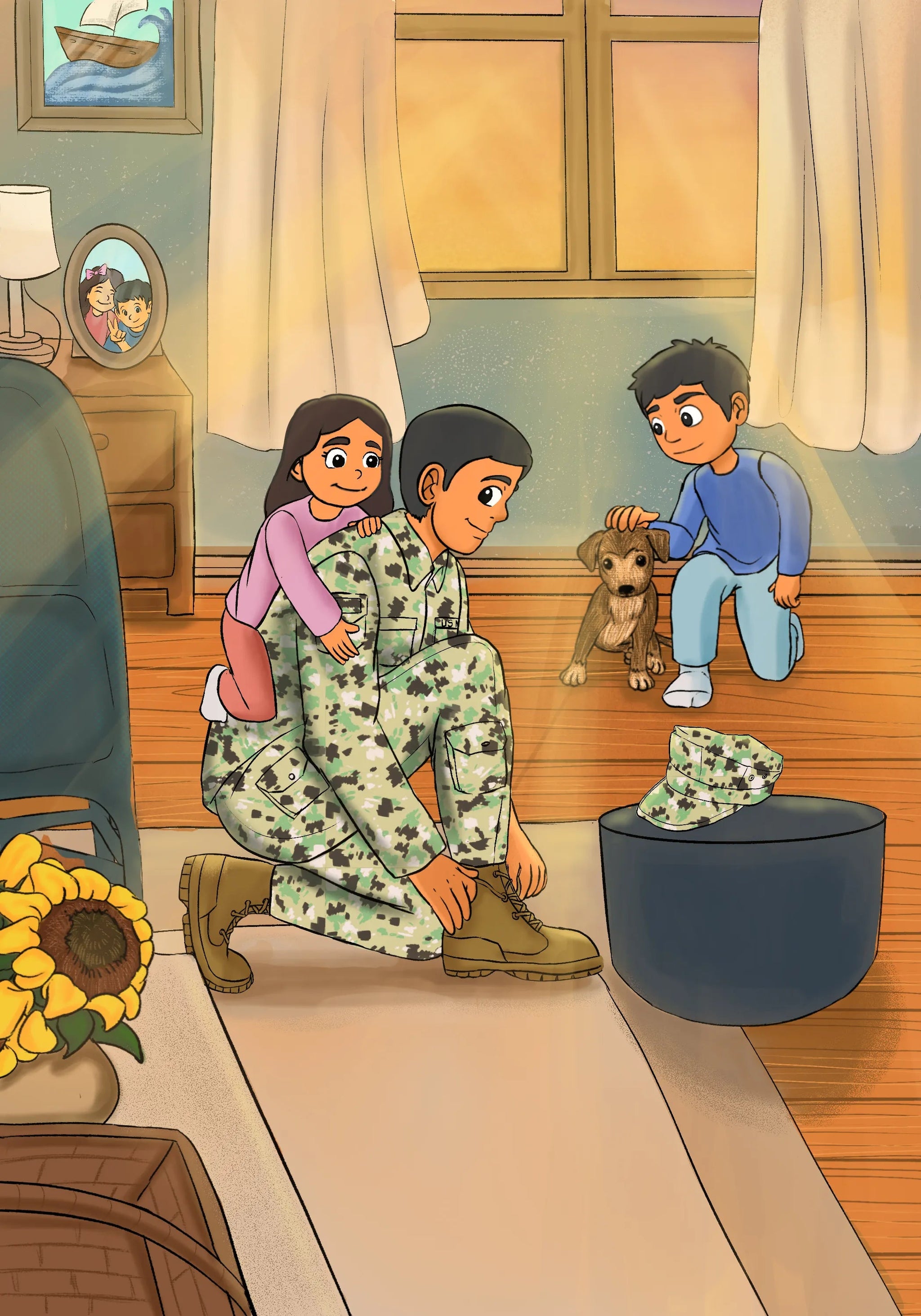 Illustration from a Navy children's book: a daddy sailor with children and dog in living room