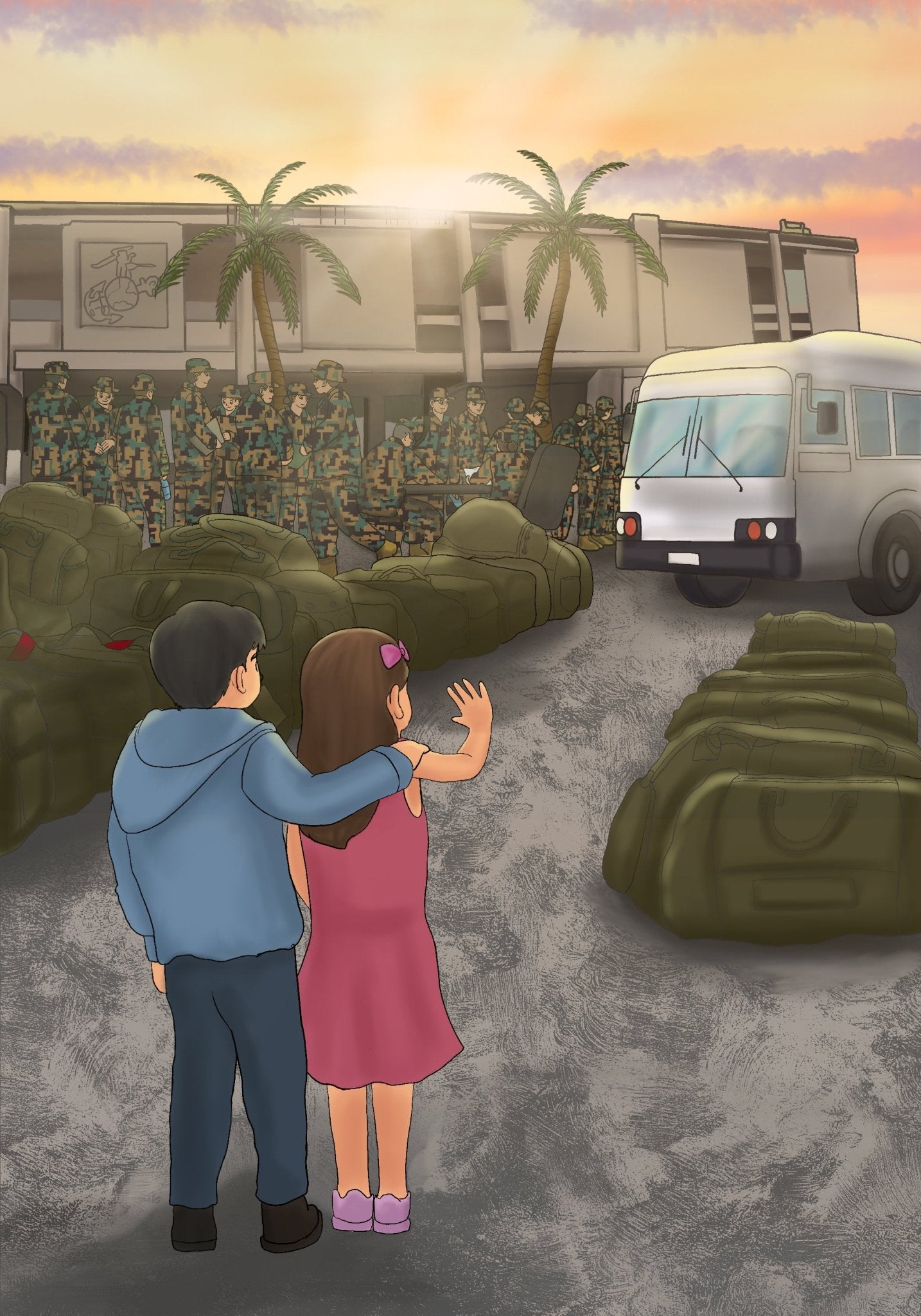 Illustration from a Marine Children's book of two kids waiving goodbye to their deployed marine mother