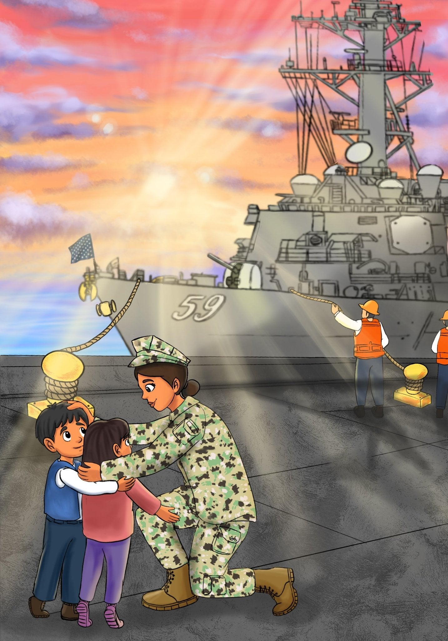 Illustration from a Navy children's book: a mommy sailor embraces her kids on before saying goodbye for deployment