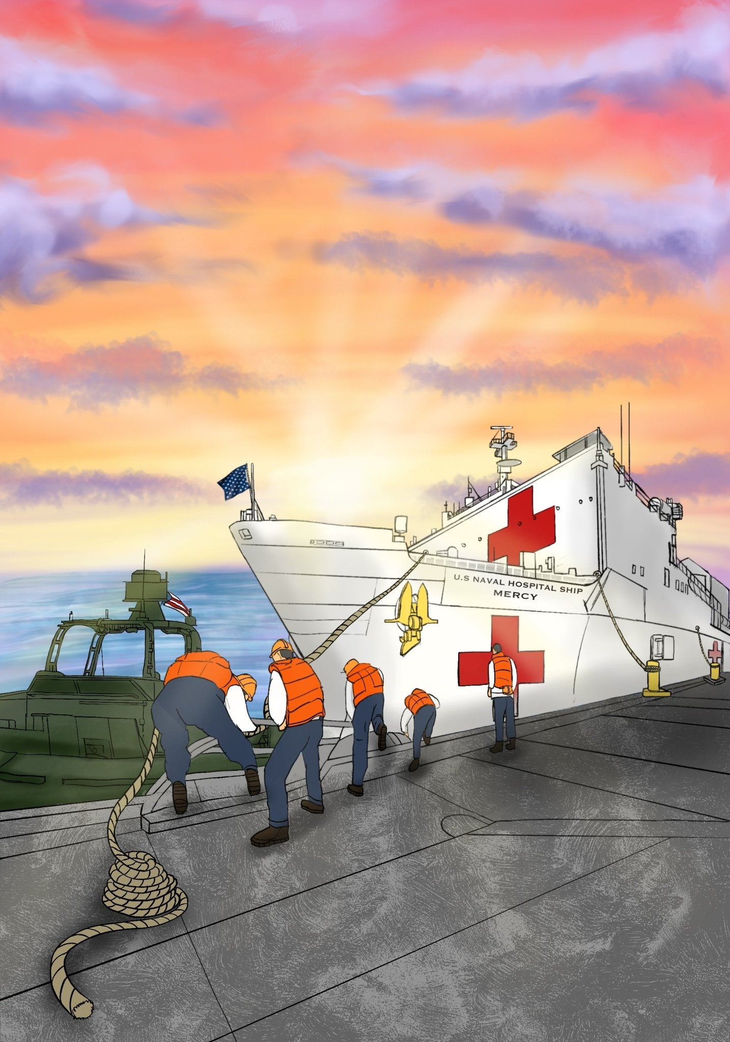 Illustration from a Navy children's book: of the USNS Mercy U.S. Navy hospital ship on pier with Navy Linehandlers