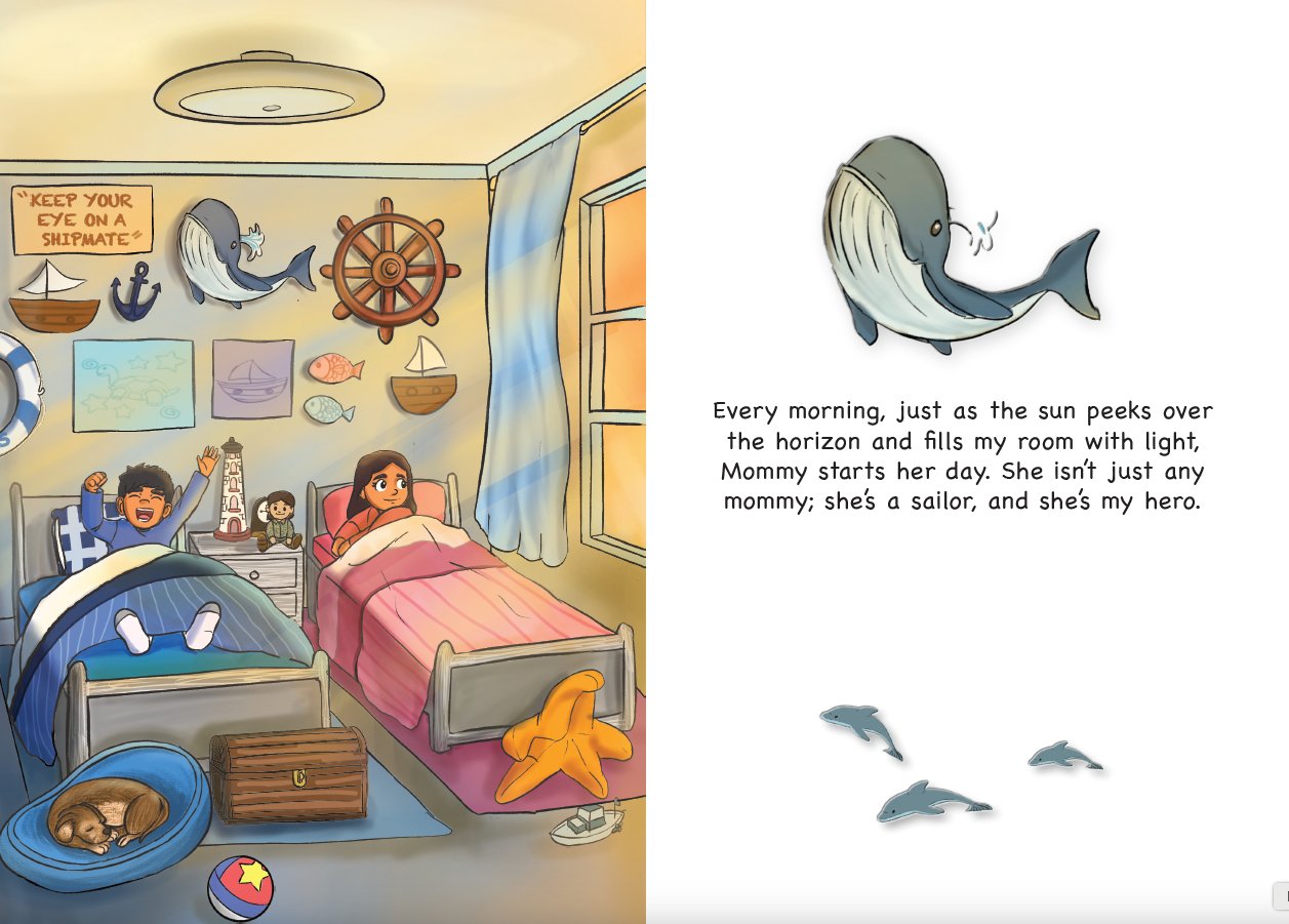 Illustration from a Navy children's book: two children waking up in the morning in a navy themed bedroom