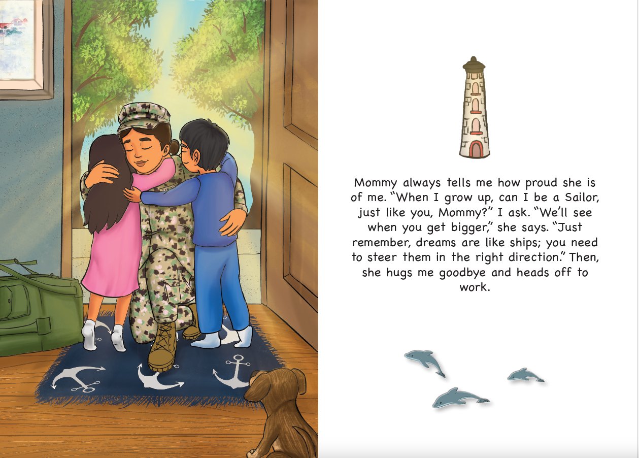 Illustration from a Navy children's book: a mommy sailor embraces her kids on before saying goodbye for deployment