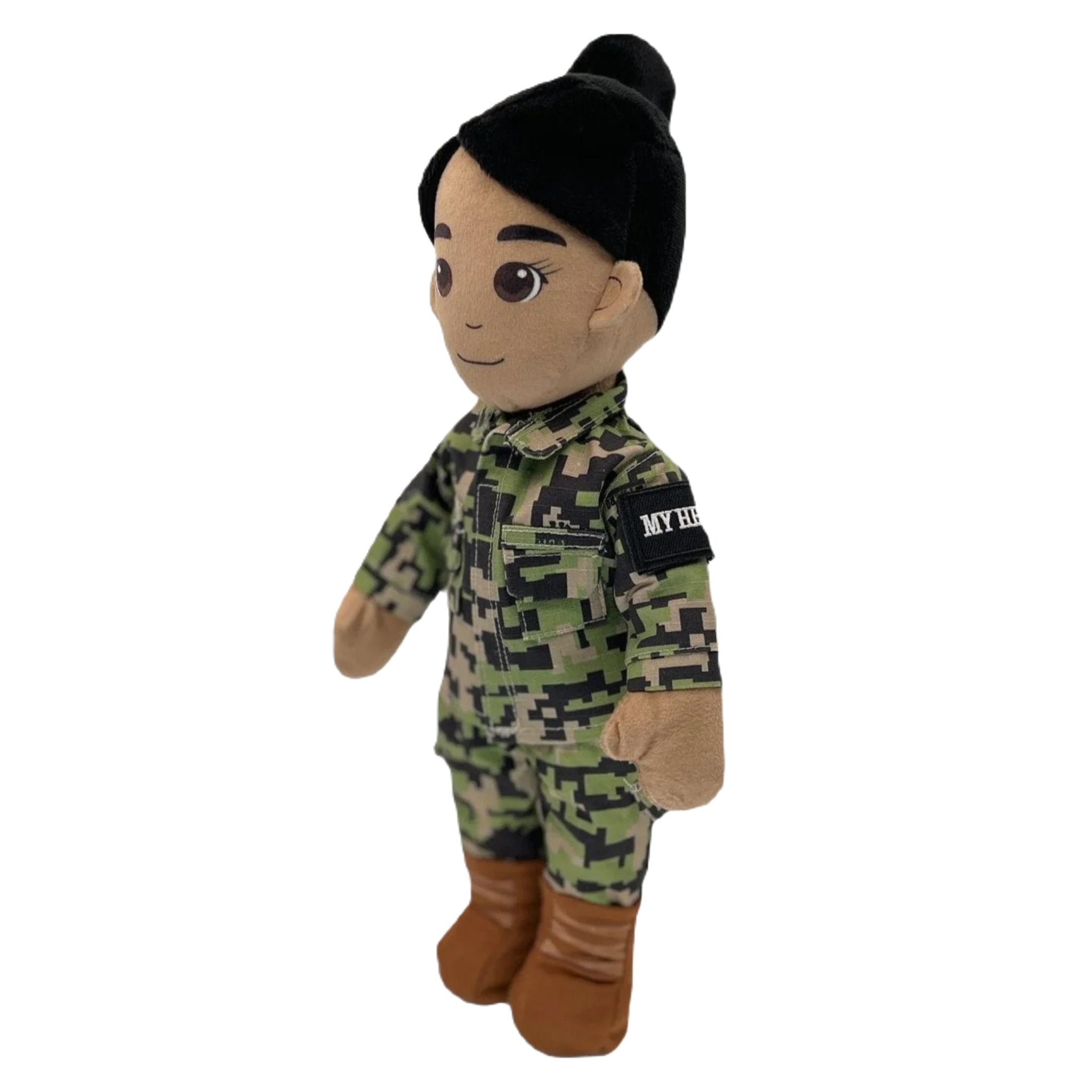 female sailor plush doll mommy doll with black hair in authentic navy working uniform. plush doll for military kids. 