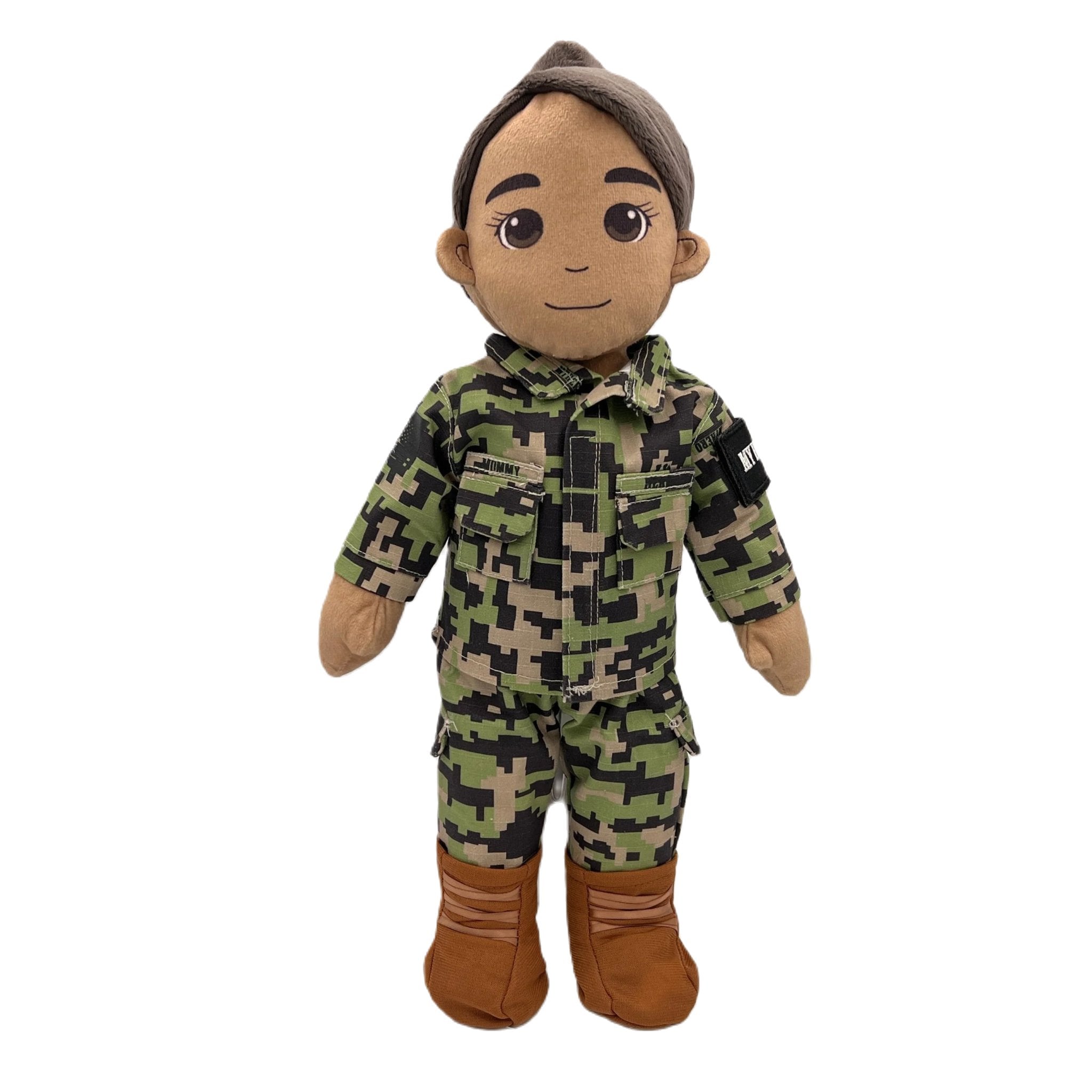 female sailor plush doll mommy doll with black hair in authentic navy working uniform. plush doll for military kids. 