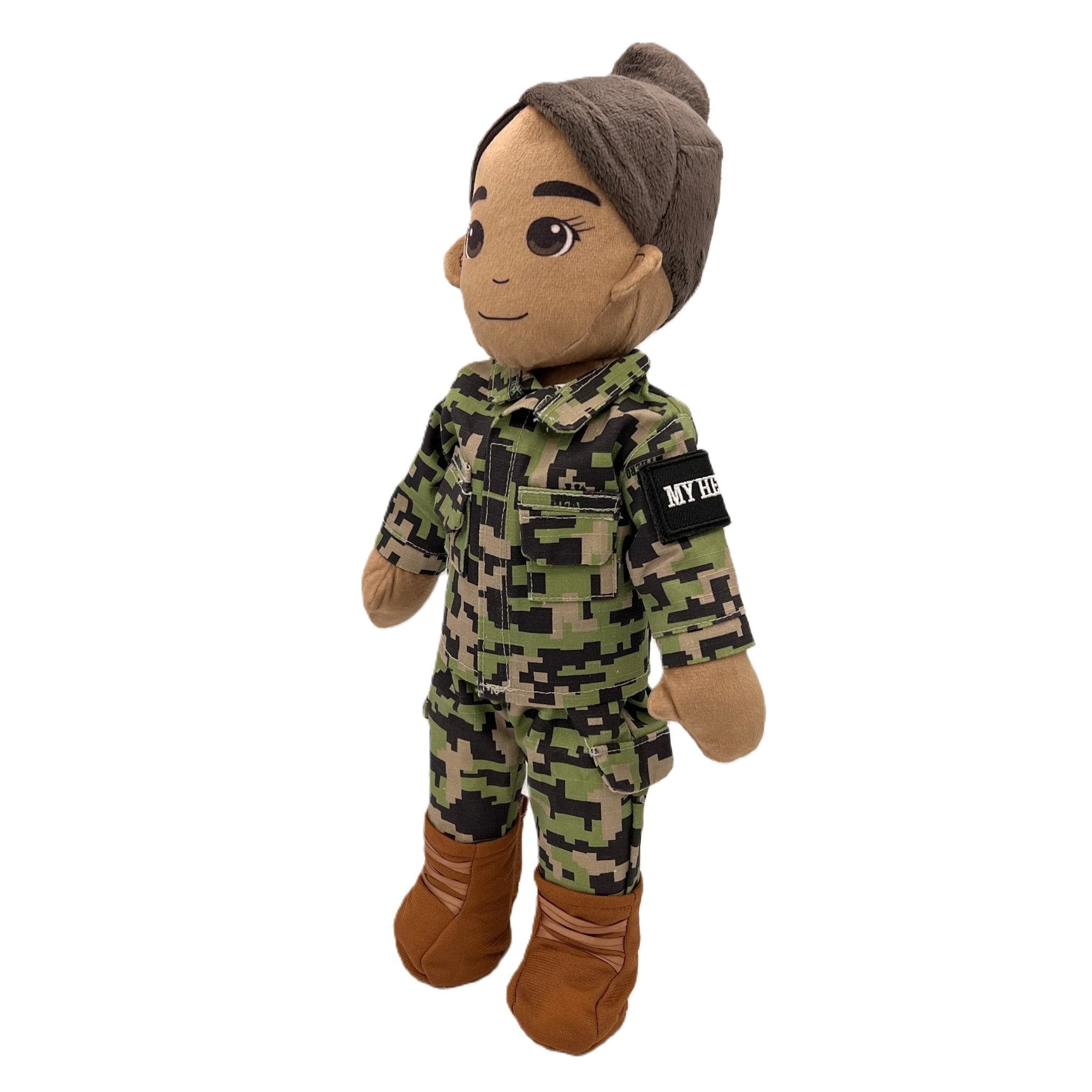 female sailor plush doll mommy doll with black hair in authentic navy working uniform. plush doll for military kids. 